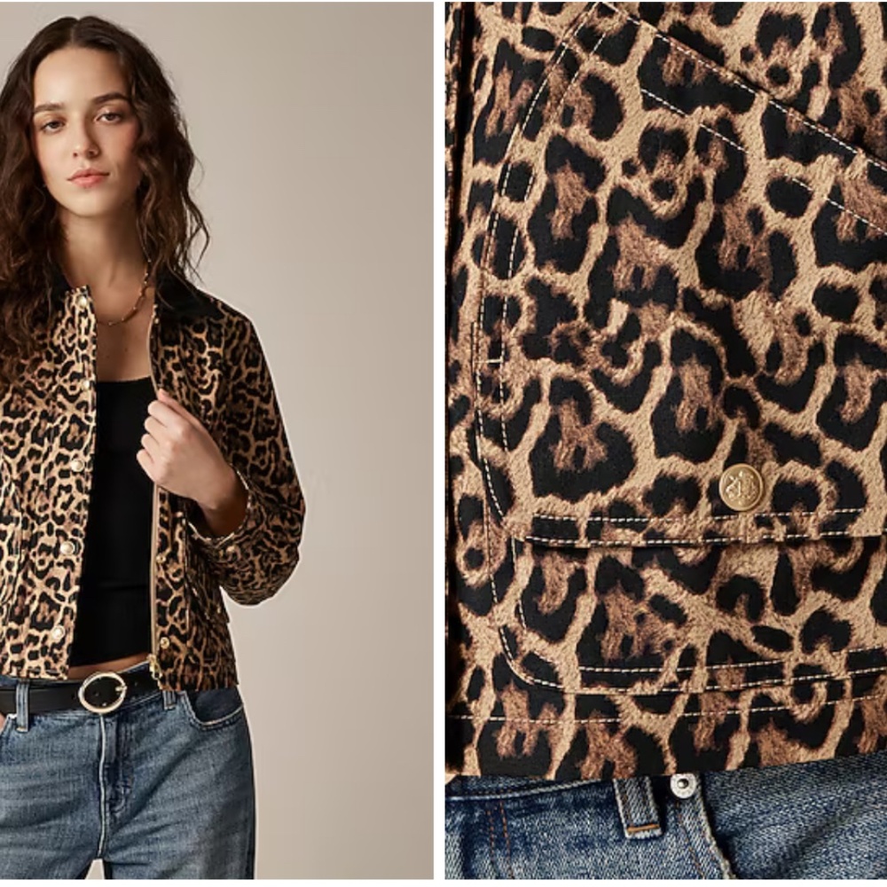 J.Crew Short Barn Jacket in Leopard Cotton Canvas Size XL - Picture 2 of 8